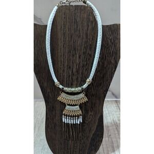 Bohemian Gold Tone Tiered Bib Statement Necklace White Cord Rhinestone Tassels